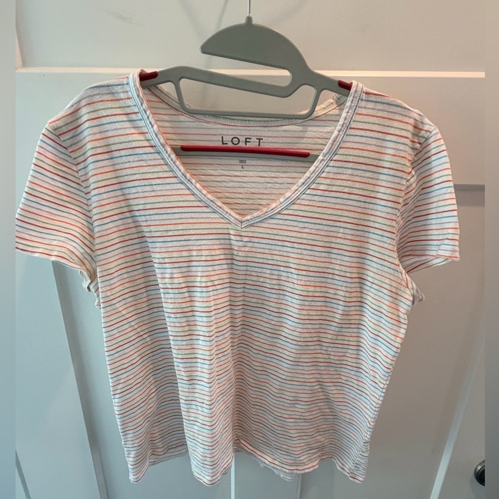LOFT Vintage Soft Striped V Neck Tee Large Cotton